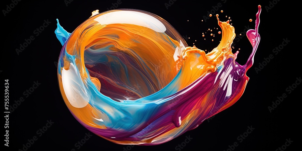 Poster swoosh of colors. liquid colors swoosh in a transparent orb. some splashing out.