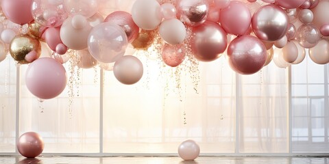 A cluster of shimmering balloon-like spheres, ranging in shades of pink and white, delicately hang together to create a beautiful and whimsical holiday - obrazy, fototapety, plakaty