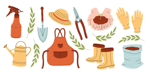 Gardening tools set on white background. Garden equipment collection