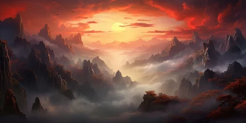 Deurstickers Nature's canvas painted with a fiery sunrise over a rugged mountain range, blanketed in a mystical fog and framed by the ever-changing sky © Sanych