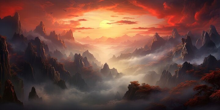 Nature's canvas painted with a fiery sunrise over a rugged mountain range, blanketed in a mystical fog and framed by the ever-changing sky