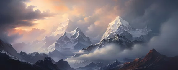 Keuken foto achterwand Nature's ethereal canvas, a mountain summit veiled in clouds, offering a panoramic view of the wild and untamed landscape adorned with a blanket of snow © Sanych