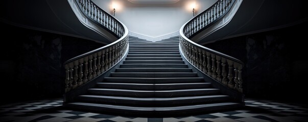 A monochrome staircase with an artistic light illuminating its perfect symmetry, creating a wild and emotive atmosphere - obrazy, fototapety, plakaty