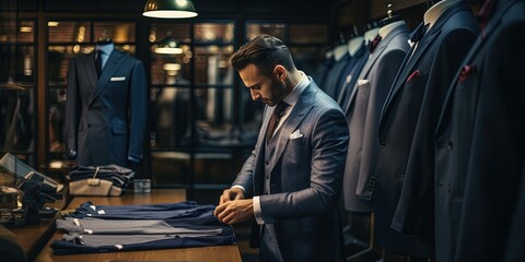 Scene in a men's suit tailor, formal suit shop. Making adjustments to a new suit. Well dressed gentleman, of a custom tailored suit shop. bespoke formal clothing. - obrazy, fototapety, plakaty