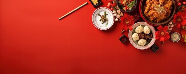 Top view of delicious chinese food meal on red table background for celebration Chinese New Year
