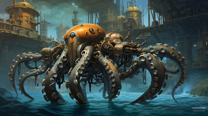 A mechanical octopus in a steampunk underwater city  - obrazy, fototapety, plakaty