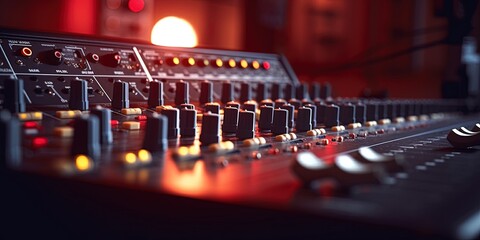 Audio mixing console in a recording session. shallow depth of field.