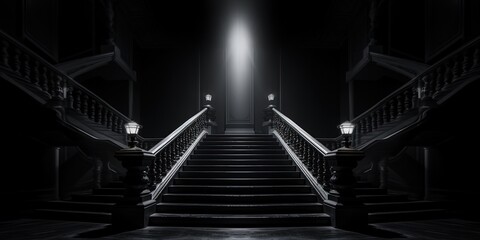 An abstract composition of a single light illuminating the symmetry of a dark staircase at night,...