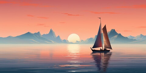 A lone sailboat gliding peacefully over the calm ocean waters with a backdrop of distant mountains and a clear sky - obrazy, fototapety, plakaty