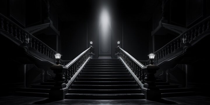 An abstract composition of a single light illuminating the symmetry of a dark staircase at night, creating an alluring contrast between the monochrome black and white lines