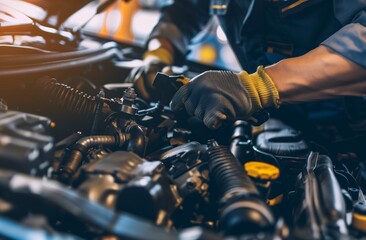 Auto mechanic working on car engine in mechanics garage. Repair service. authentic close-up shot