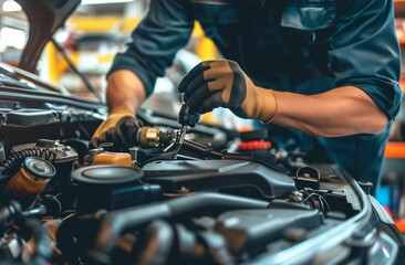 Auto mechanic working on car engine in mechanics garage. Repair service. authentic close-up shot