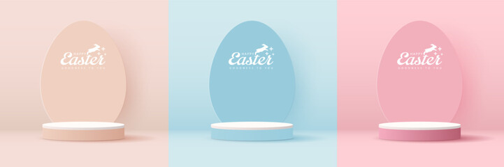 Happy Easter blue and pink background and paper art podium display for product presentation branding and packaging presentation. studio stage with eggs and rabbit background. vector design. - obrazy, fototapety, plakaty