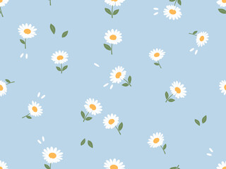 Seamless pattern with daisy flower with green leaf on blue background vector. Cute floral print.