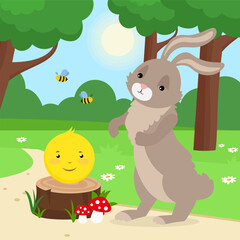 Easter bunny and colobok in the garden. Vector cartoon illustration.