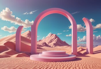 Surreal Landscape Podium Display Abstract Design with Pastel Tones and Colorful Sky Background ai generated