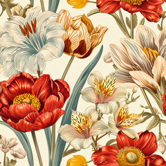 Retro Garden Charm: Vintage-Inspired Floral Pattern, Captivating Springtime Design, Created using generative AI	
