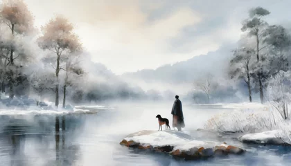 Foto op Canvas 冬の湖畔を眺める女性とペットの犬の水彩画調,Generative AI,AI画像 © bigfoot