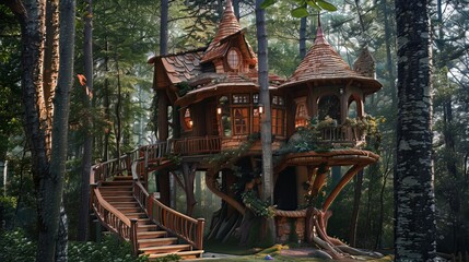 Whimsical Woodland Hideaway: Tucked in an enchanted forest, this charming treehouse invites a magical escape with its mystical surroundings.