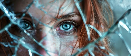 Portrait of a young woman against the background of broken glass. The look of a girl in a broken window. Girl looking out a broken window
