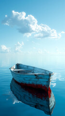 A weathered blue boat floats on mirror-like water under a cloud-sprinkled sky, epitomizing peaceful solitude
