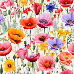 Watercolor wild flowers meadow seamless background