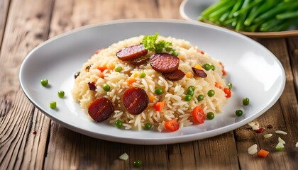 Fried rice with chinese sausage on plate