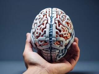 A hand holda ing 3D model of a brain design.