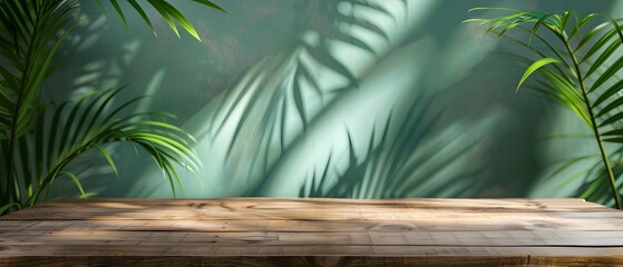Abstract turquoise studio background for product. Empty room with shadows of palm leaves. Backdrop Concrete, Cosmetic Product. copy space. mockup.