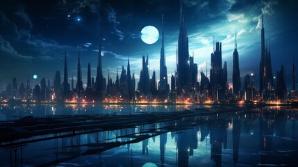 Fototapeta na wymiar Futuristic city in night lights fantasy realistic background