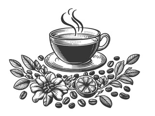 steaming coffee or tea cup surrounded by coffee beans and floral elements sketch engraving generative ai raster illustration. Scratch board imitation. Black and white image.