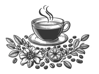 Fotobehang steaming coffee or tea cup surrounded by coffee beans and floral elements sketch engraving generative ai raster illustration. Scratch board imitation. Black and white image. © Oleksandr Pokusai