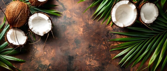 Fototapeta na wymiar Abstract studio brown background for product presentation. with coconut and palm leaves. Backdrop Concrete, Cosmetic Product. copy space. mockup. top view. 