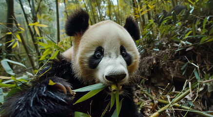 Giant panda eating bamboo in its natural habitat