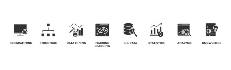 Data science banner web icon vector illustration concept with icon of programming, structure, data mining, machine learning, big data, statistics, analysis, knowledge	
