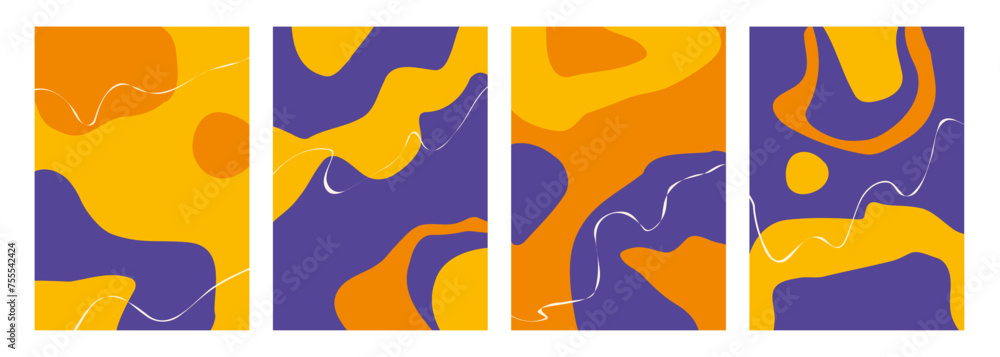 Fototapete Set of abstract backgrounds with various hand drawn dynamic shapes and white wavy lines for creative graphic design. Vector illustration.