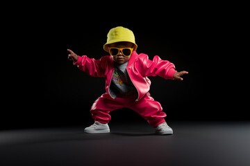 A baby dancing in a futuristic space dressed in bright, colorful clothes