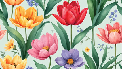 Beautiful seamless vector floral pattern, spring summer background with tropical flowers, palm leaves, jungle leaf, Tulip and Lavender flower Blossom, Exotic wallpaper, Hawaiian, watercolour  style