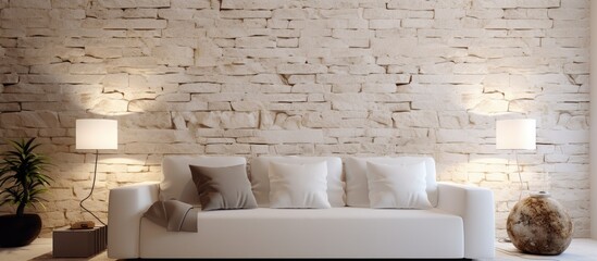 A white couch is positioned in a living room next to a window. The room features a modern lamp and white stone wall interior design, creating a stylish and comfortable space.