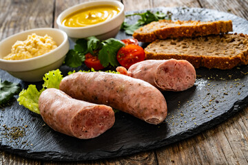 Easter breakfast - boiled white sausages, toasts and horseradish on wooden table
