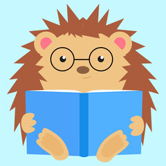 Cute Cartoon Hedgehog Reading a Book. Vector Illustration.