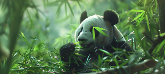 Giant panda eating bamboo in its natural habitat - obrazy, fototapety, plakaty