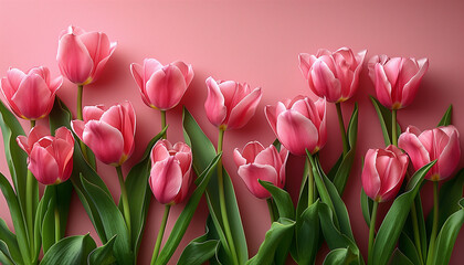 Fototapeta premium Tulips on Pink Background: Colorful Tulip Flowers Against a Soft Pink Backdrop