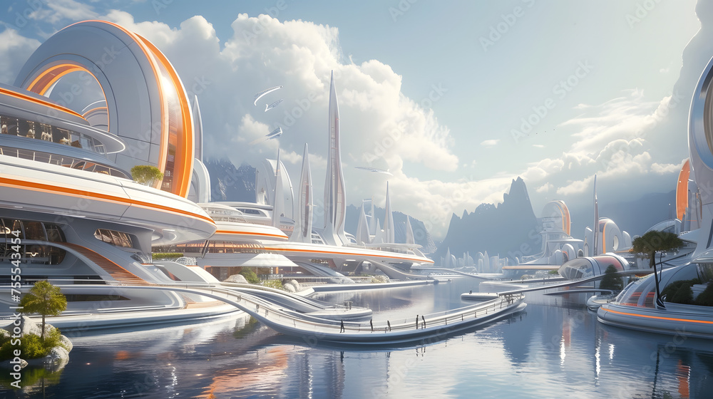 Poster use clean lines, bright colors, and futuristic architecture to convey the utopian vision