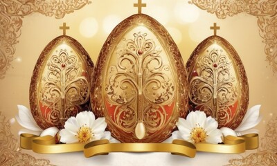 Easter card - Easter eggs ornameted in vintage barocco style in gold colors .Easter holiday...