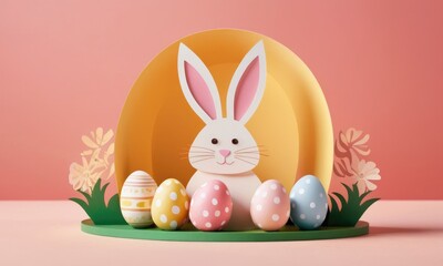 Obraz premium Easter bunny with easter eggs and flowers in papercut style . Easter holiday background and card concept.