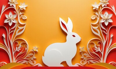 Obraz premium Easter holiday concept : Easter bunny with flowers in papercut style on pastel orange background.