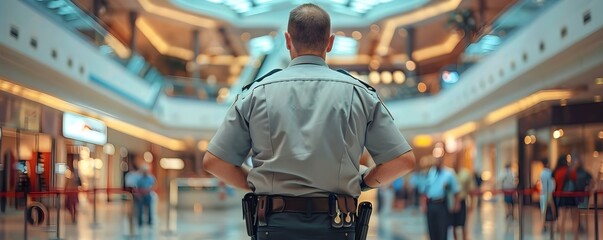 Security guard standing watch protecting a bustling mall . Concept Security, Guard, Mall, Protection, Watch - obrazy, fototapety, plakaty