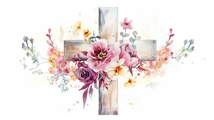Christian cross in watercolor with flowers on a white background,Watercolor Christian Cross with Flowers: Graceful Artistry on a White Background.

