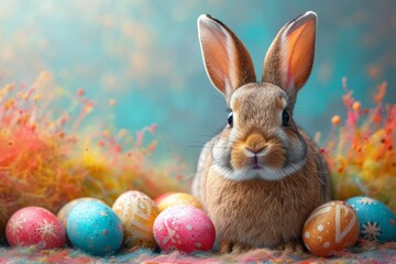 Fototapeta na wymiar A fluffy brown and white rabbit sitting amidst several colorful Easter eggs against a whimsical blue background.